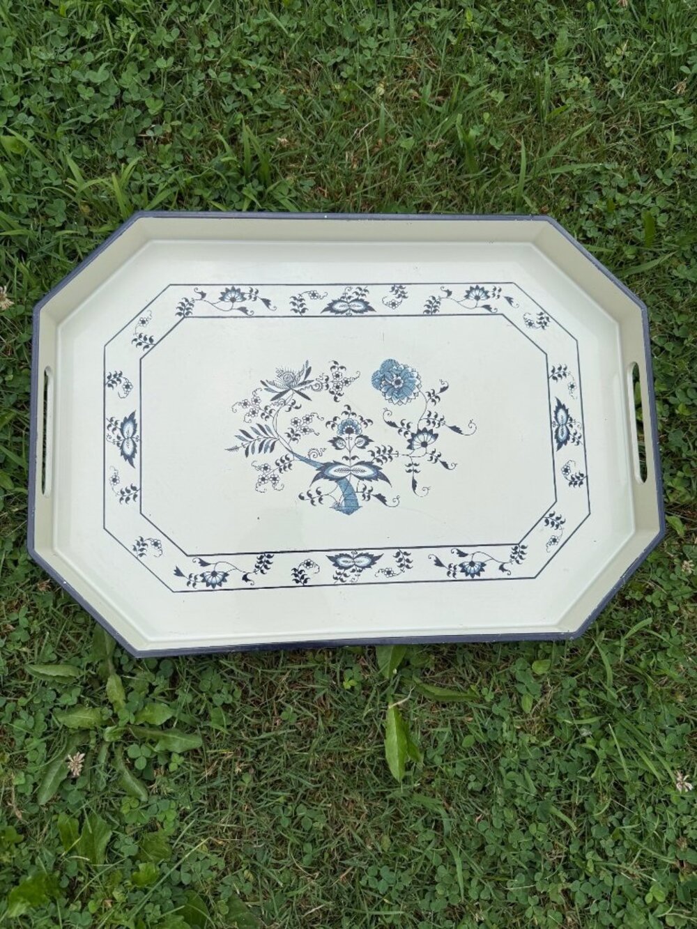 Vintage Blue Danube Japan Laquerware Tray White Blue Lacquered Floral